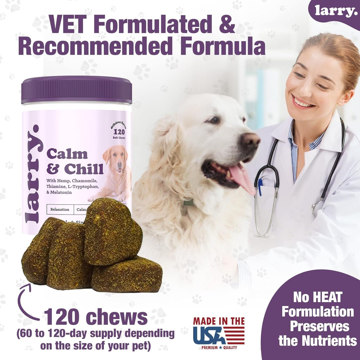 Larry Calming Dog Chews for Anxiety Relief, All-Natural Ingredients, Delicious Flavor, No Drowsiness, Made in The USA