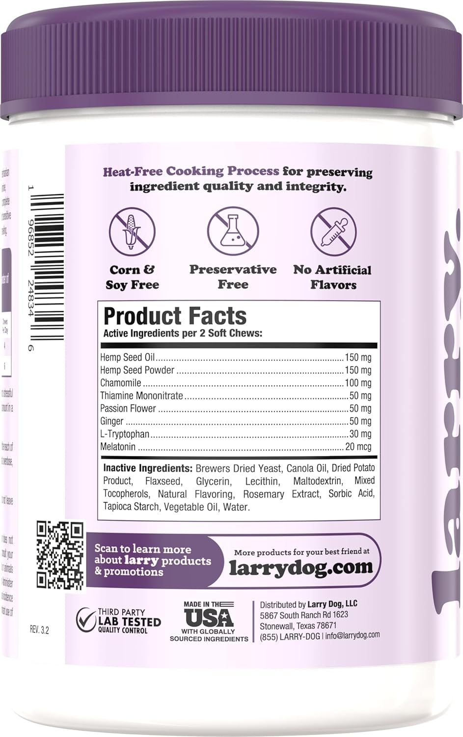 Larry Calming Dog Chews for Anxiety Relief, All-Natural Ingredients, Delicious Flavor, No Drowsiness, Made in The USA